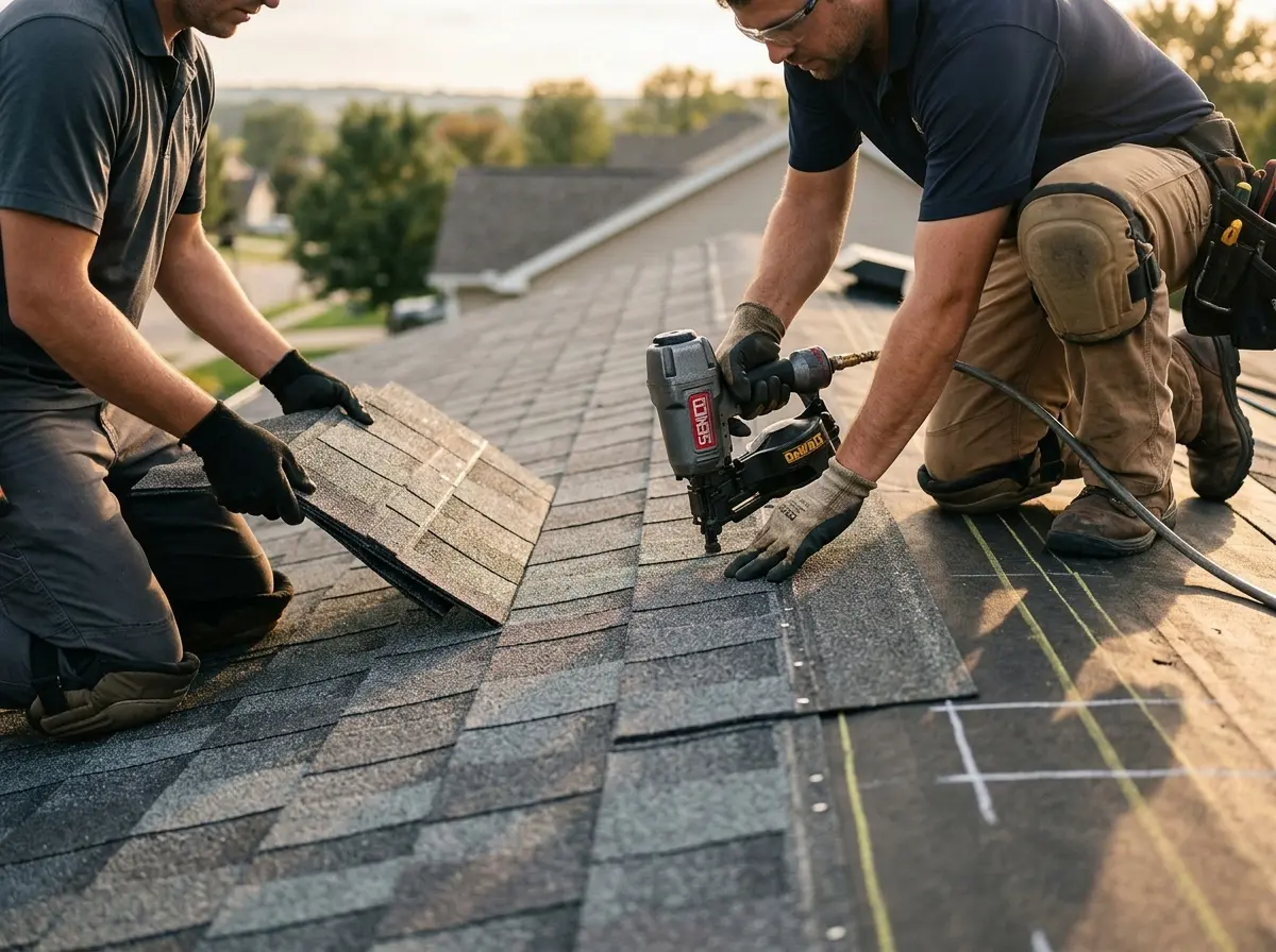 Professional roofer working on a residential roof in Willowick